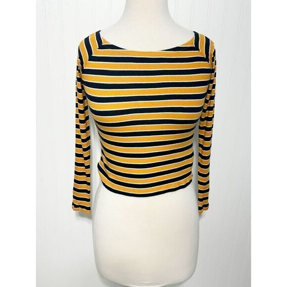 Forever 21 Women's Striped Ribbed Long Sleeve Crop‎ Top Blue Yellow Size Small - Picture 1 of 9